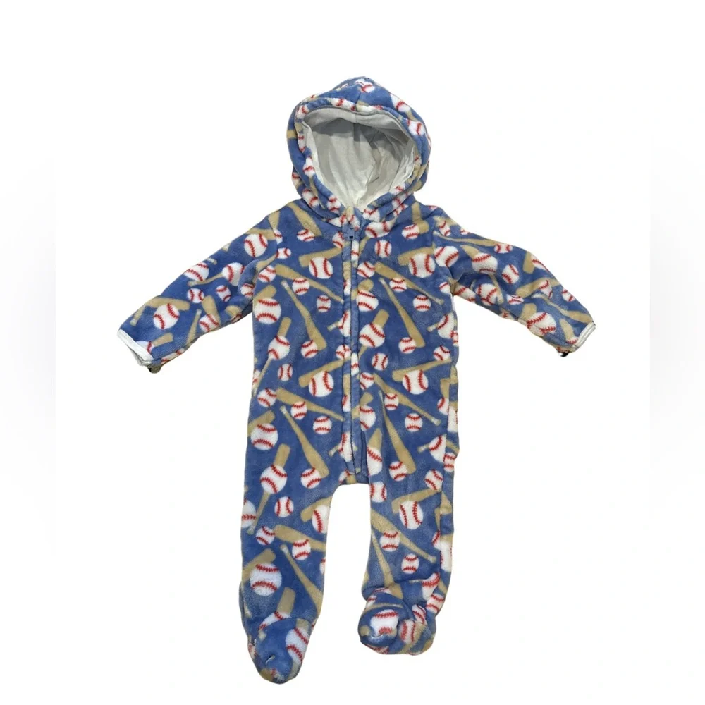 Cozy Blue Baseball Print Footed Onesie